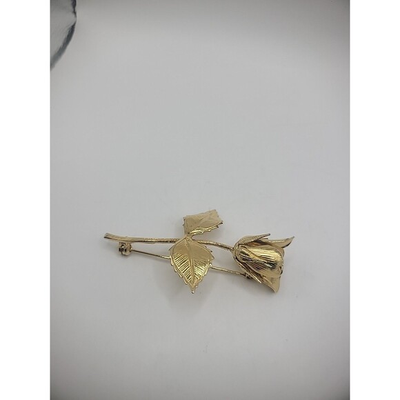 Vintage Brooch Pin Rose Flower Gold Tone Leaves Jewelry Costume - Picture 7 of 13